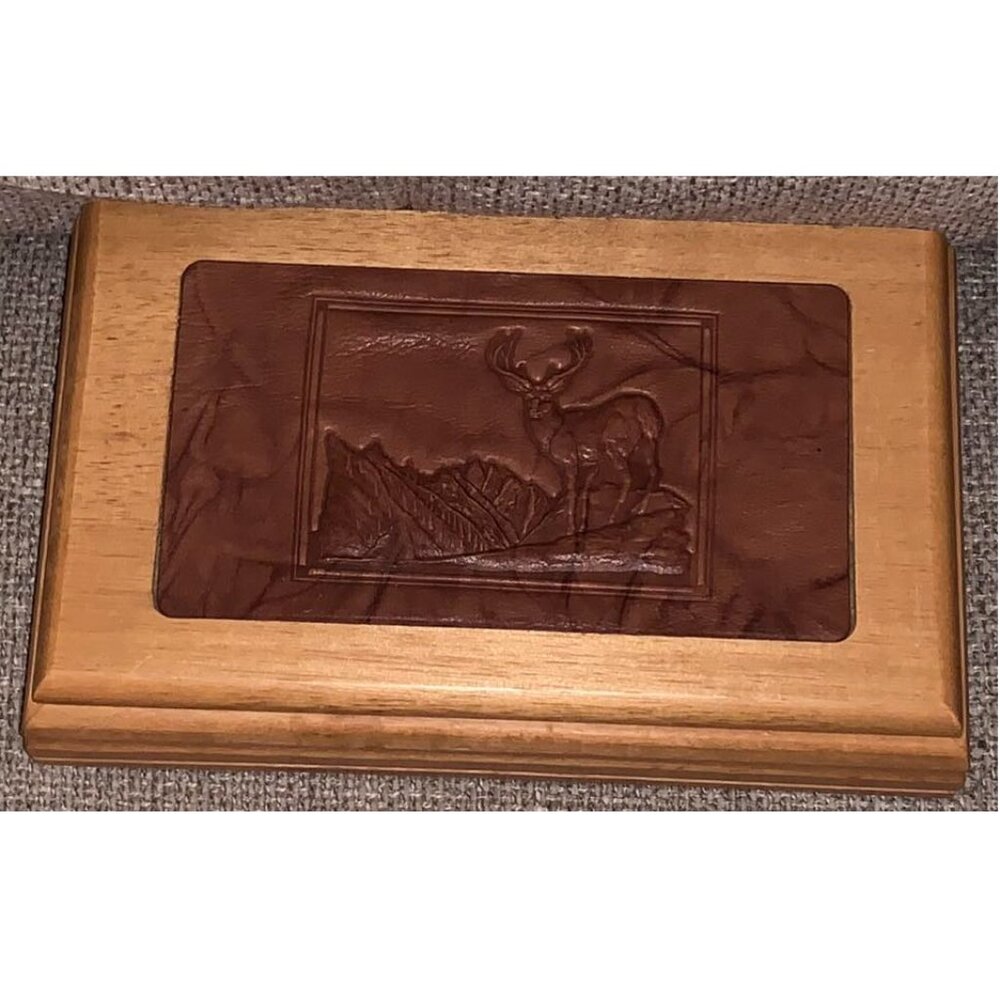 Vintage Embossed Leather of Deer Lid Top Wooden Jewelry Box (Made in Taiwan)
